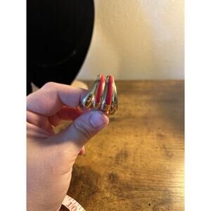 Vintage Gold Tone Hoop Earrings Red Enamel Accent Curved Statement Retro